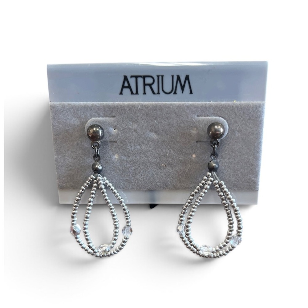 Vintage Atrium Silver Beaded Teardrop Dangle Earrings Crystal Accents Post Back
